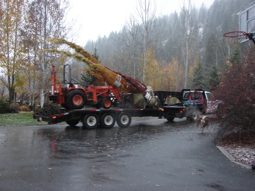 Trailer leaving with trees and tractor